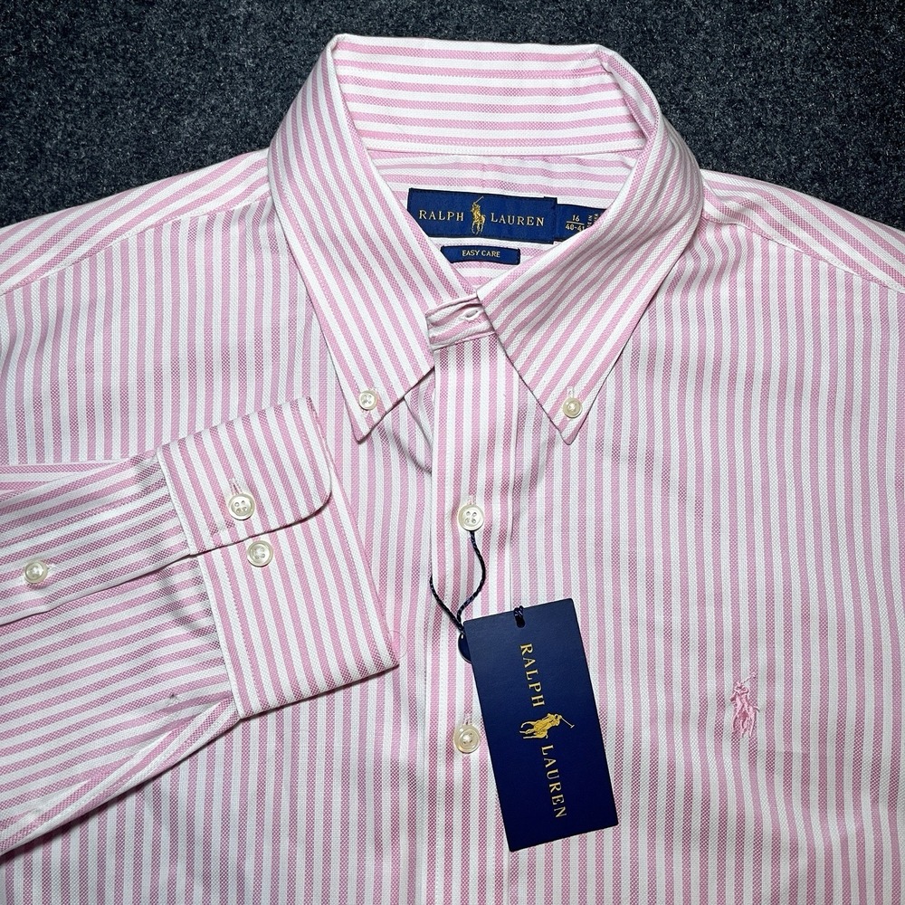 New Ralph Lauren‎ Easy Care Pink Striped Cotton Shirt Mens L 16 40/41
